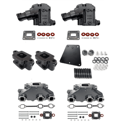 Kit Complet Collecteurs 84612 + Coudes 84591 + Rehausse 3 pouces 64929 Mercruiser 4.3L V6 262- 2003 et + (Joint sec / dry)